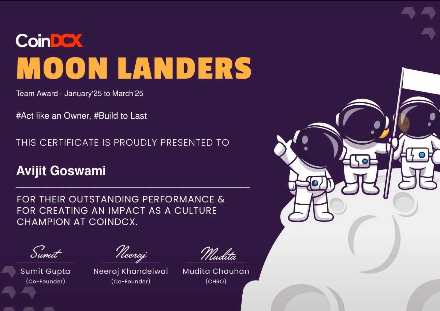 Avijit Goswami — Moon Landers team award certificate from CoinDCX, signed by co-founders
